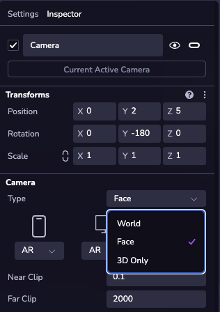 Camera properties include the ability to change the type of Camera.
