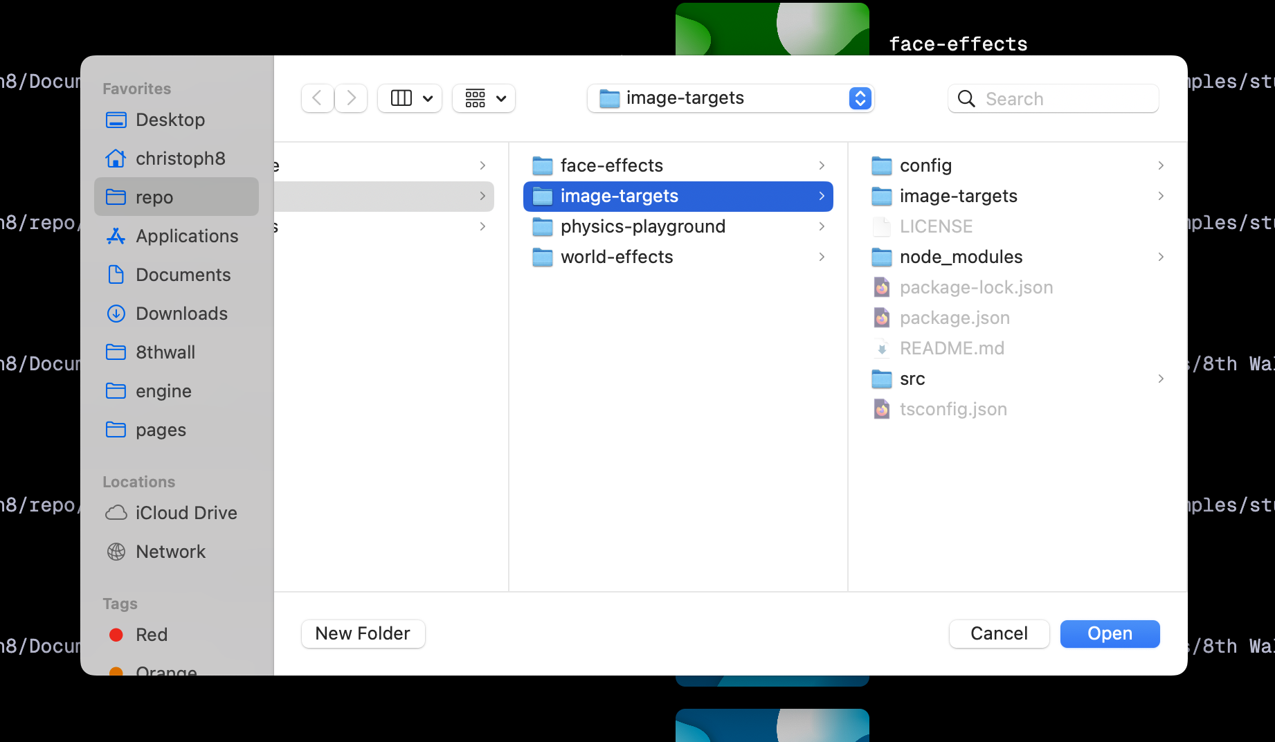 Screenshot of folder select dialog with a project selected